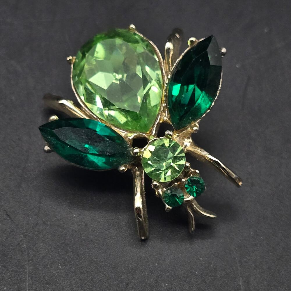 Green Rhinestone Bug Brooch UV Glow Vintage Insect Costume Jewelry